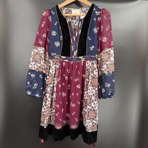 Maeve Anthropologie Quartier Latin Boho Dress Sz S Patchwork Velvet Embroidered